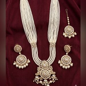 Pearl Multi-Strand long Necklace Set with Kundan Accents with earrings and tika